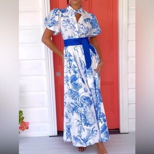 Blue Ruffled Tie Front Maxi Dress